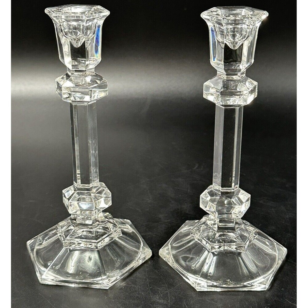 Set of 2 Vintage Clear Crystal Candlesticks for Pillar Candles 7.5 Inches Tall